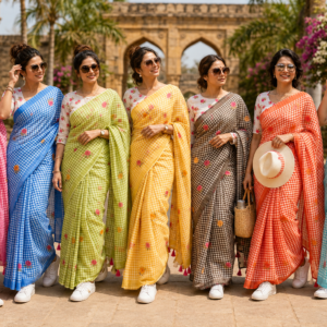 Checked Linen Saree with Tassels