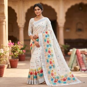 Linen Floral Saree- White